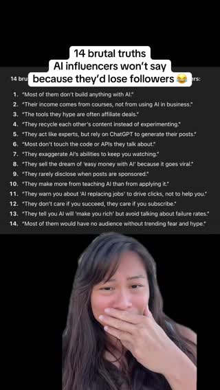 This cracked me up 😂😂😂 ChatGPT sees through the bs hahah. “Brutal truths AI influencers won’t say because they’d lose followers” #ai #artificialintelligence #chatgpt #sabrinaramonov #greenscreen 