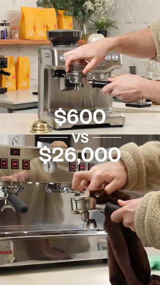 A $600 home machine vs a $26,000 commercial machine. Let's make a coffee on both to see if I can tell a difference. #goldenbrowncoffee #espresso #bestcoffeemachines #breville #lamarzocco #coffeeathome #makingcoffee