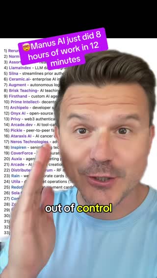 #greenscreen Manny just saved me eight hours of work. It is absolutely insane. What this fully autonomous agent can do for any business. I just used it to analyze 33 AI startups and write me personalized emails to reach out to them fully autonomously. #ai #artificialintelligence #nocode #marcinai #nocodeaiarmy #manus #manusai