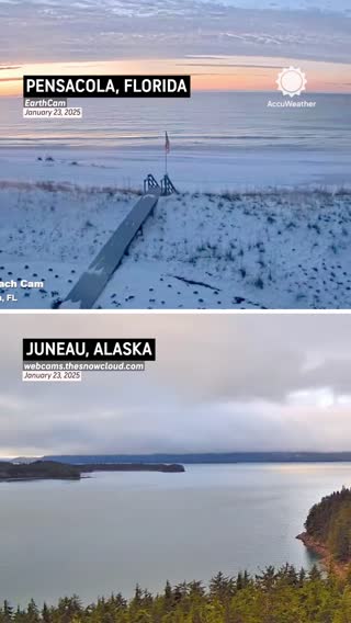 Well, this is unusual! Photos taken Thursday show snow on a Florida beach and no snow in the Alaska wilderness.⁣ ⁣ Historically, Juneau averages 25 inches of snow in January, but it has only had 8.1 inches so far. Pensacola received 8.9 inches on Tuesday.⁣ ⁣ #florida #alaska #pensacolabeach #juneauak #snow #winter #unusual #weather #accuweather 