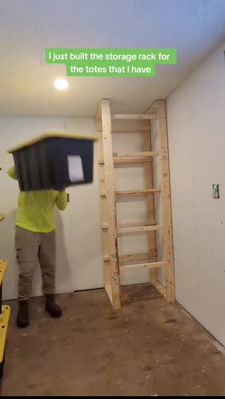 Built this storage rack to hold totes, it allows you to slide them in and out for easy access. The build is super easy and requires minimal material, tools.  #storage #storagerack #storageideas #storagesolutions #diystorage #tote #carpentrywork #diyprojectideas #diyproject #diyrenovation #homeprojects #carpentrylife #woodwork #handymanservice #renotips #diyprojectideas 