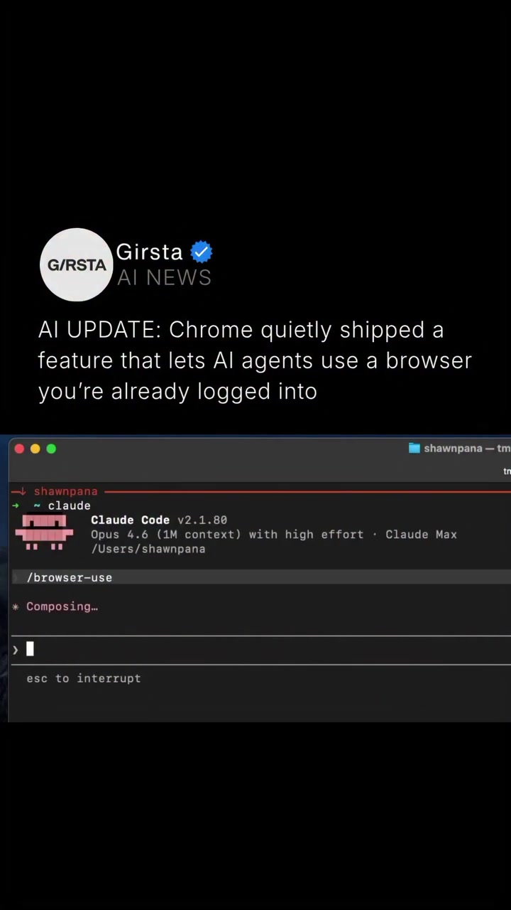 In Chrome 146, the DevTools MCP server added an “auto‑connect” mode that lets AI coding assistants attach to your running Chrome instance instead of launching a fresh, empty profile. Once enabled in chrome://inspect/#remote‑debugging, agents inherit your cookies, logins, and settings, so they can access sites behind auth without manual re‑login. 

Chrome shows a permission prompt and a banner when an agent is active, trying to keep the risk visible even though the AI can technically see everything in that browser.

@Girsta AI agency dedicated to providing real-time AI news. No brainrot.