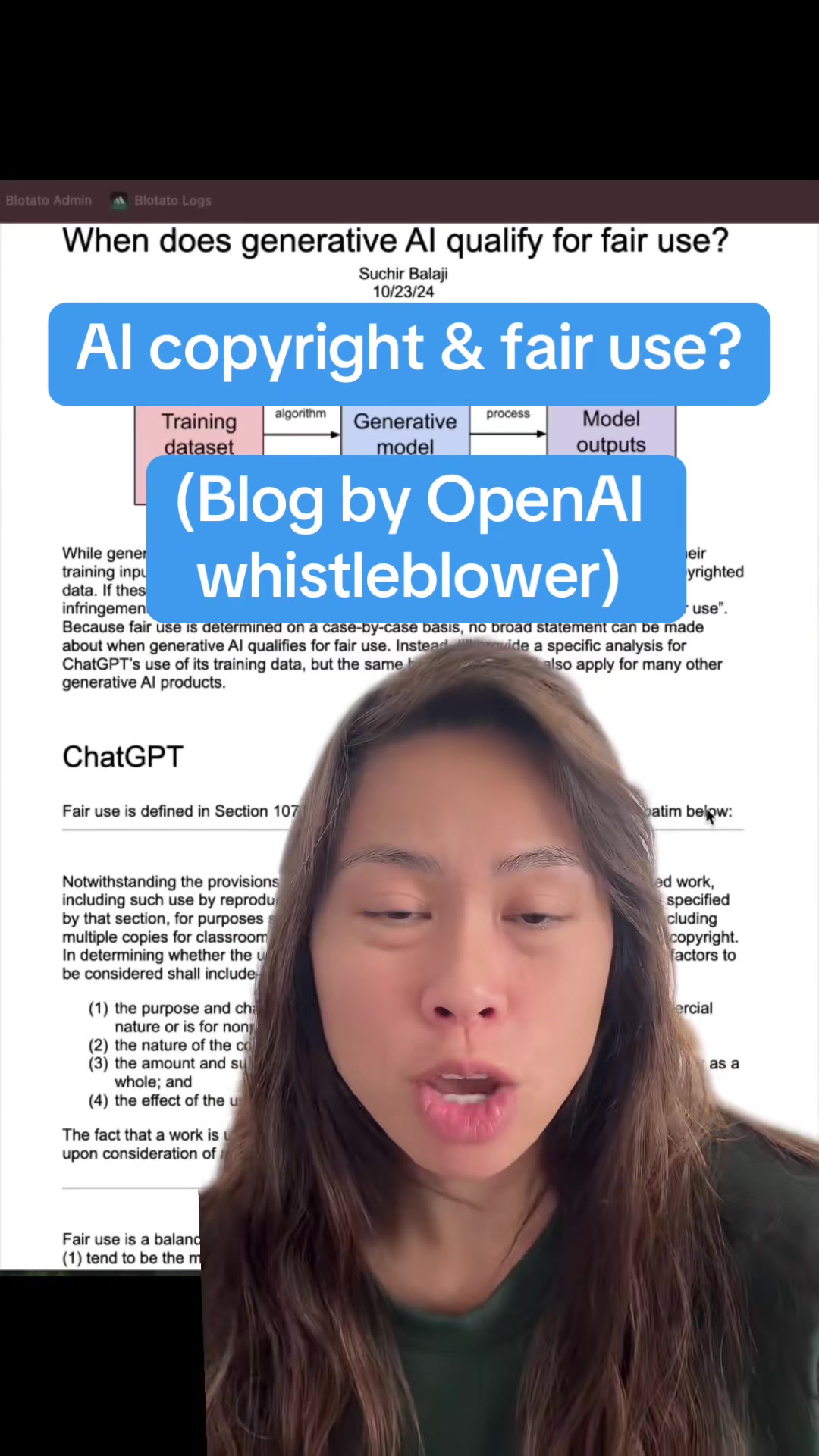 When does generative AI qualify for fair use? This is the blog post from the open AI whistleblower who recently passed away.  Everyone should read it: https://suchir.net/fair_use.html ##ai##openai##chatgpt##sabrinaramonov##ethics##copyright##copyrightinfringement#greenscreenvideo 