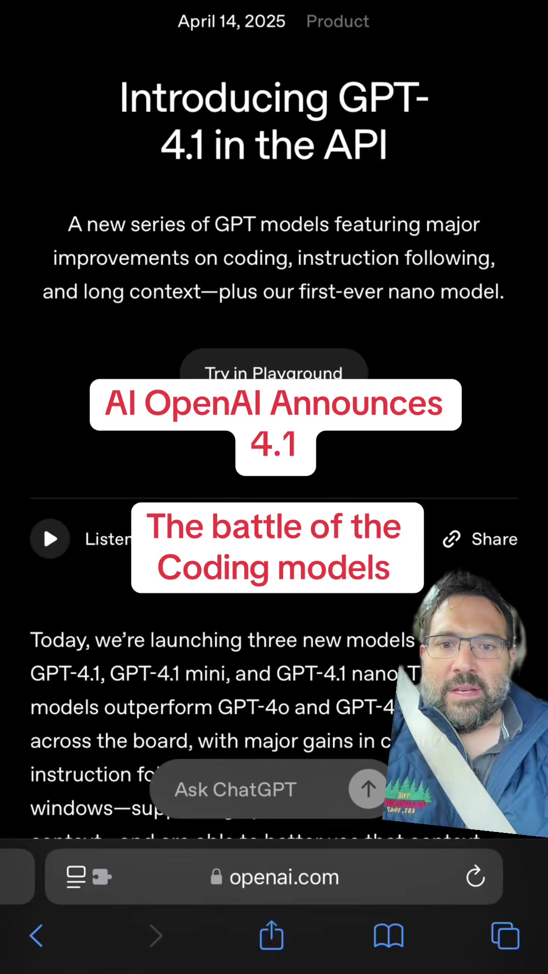 AI OpenAI Announces  4.1 The battle of the  Coding models.  We see the major players competing for the major early adopter market of developers. This is playing out between Gemini 2.5 and Claude 3.7 and OpenAI 4.1 as we people realize it’s a space that’s easy to improve being deterministic / verifiable and high value generally and with early adopters.  #developer #softwareengineer #programming #programmer #ai #llm #engineering #agent #agenticai #chatgpt #claude #gemini #deepseek #phi #llama #prompt #promptengineering #agents #openai #anthropic #opensource #boundryml #copilotkit #techtok #learnontiktok #coding #tech #aitools #aieducation #devcommunity #100daysofcode #baml #langchain #langgraph #llamaindex #chromadb 