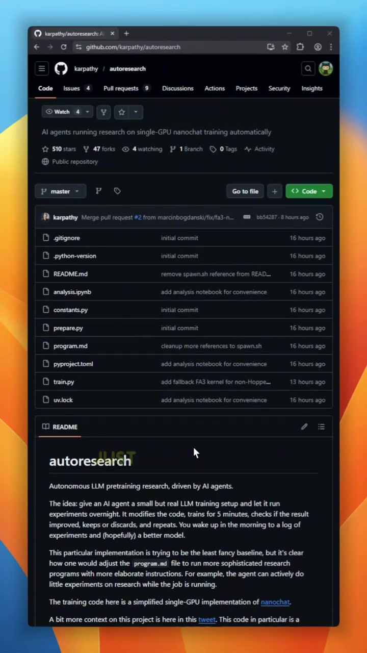Andrej Karpathy just opensourced autoresearch You give an AI agent a real LLM training setup point it at an instruction file and go to sleep The agent autonomously modifies the architecture runs a fixed 5minute training loop on a single GPU checks validation loss and decides whether to keep or discard the changes then repeats the cycle all night By morning you wake up to a full log of automated experiments and an optimized model github opensource