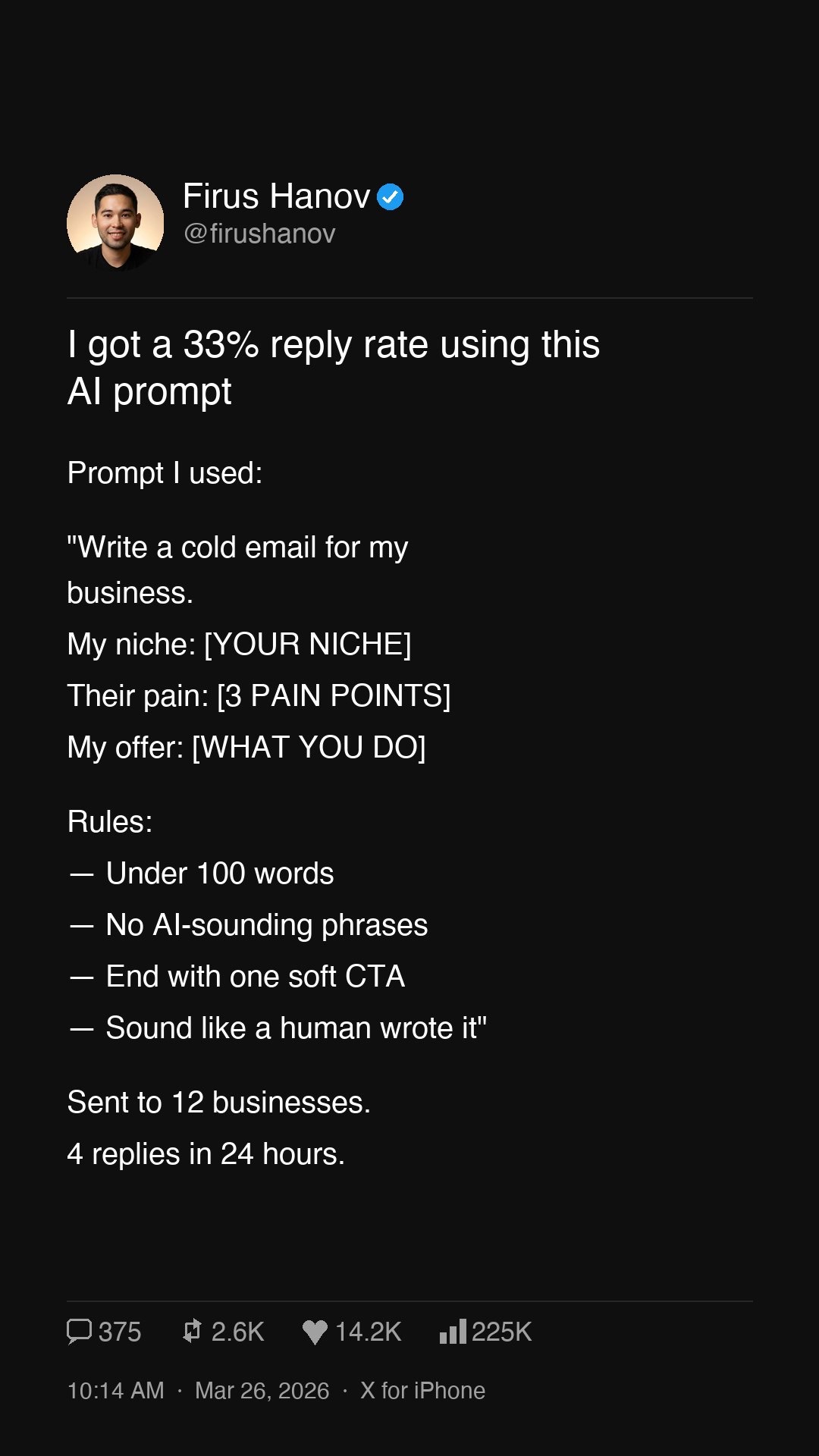 Nobody believes AI can write good cold emails until they try this prompt I sent it to 12 local businesses Got 4 replies in 24 hours without changing a word Drop EMAIL in the comments and Ill send you the full version AIforBusiness SmallBusiness ChatGPT ColdEmail AItools