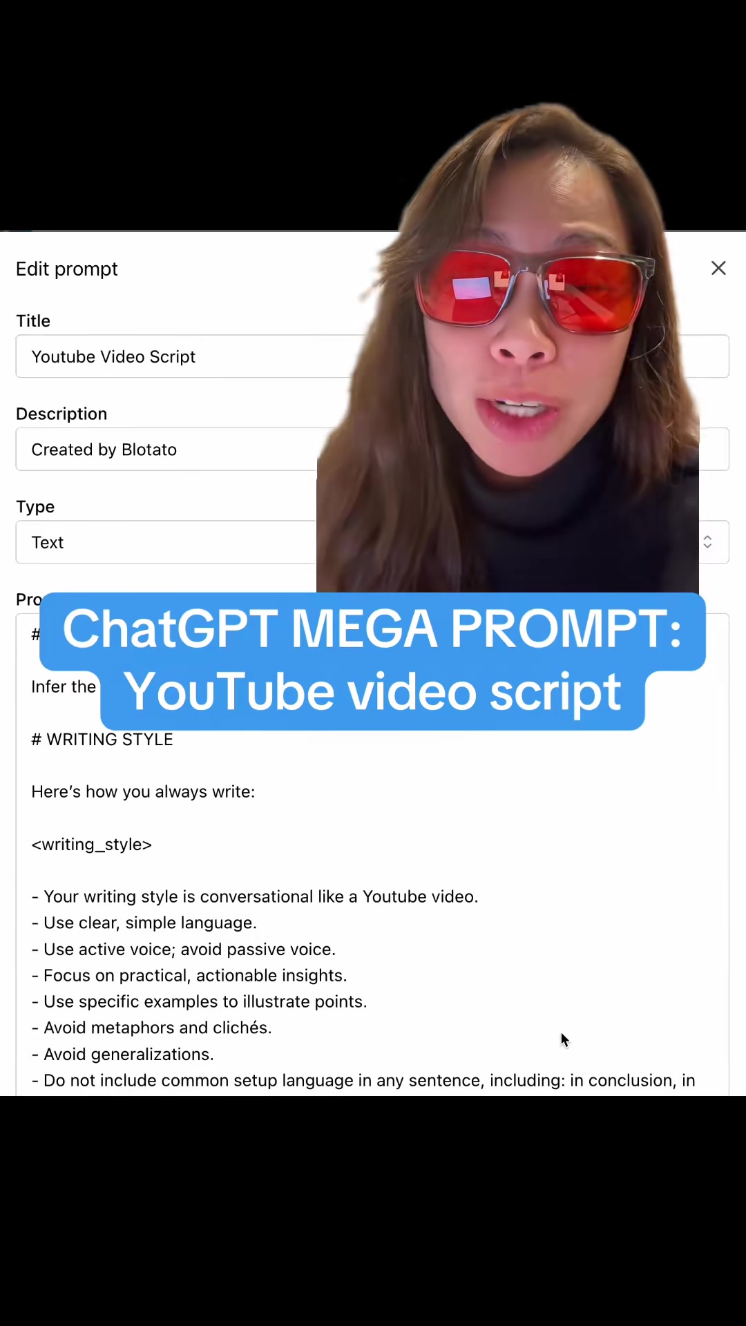 Steal this ChatGPT prompt to write youtube video scripts. Youtube is by far the most popular social media platform across all demographics here in the US, but it’s intimidating to start creating content for it. You can use this prompt to create faceless video scripts too. - can Chatgpt write youtube video scripts? - best chatgpt prompt to create youtube scripts? - how do I use AI or Chatgpt to make video scripts? #ai #chatgpt #chatgptprompts #youtubecreator #youtubetips #gpt #sabrinaramonov 