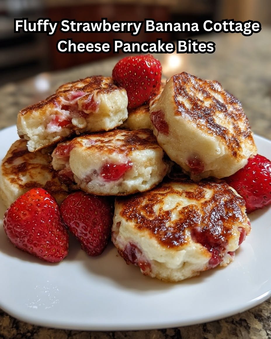 🍓🍌 Fluffy Strawberry Banana Cottage Cheese Pancake Bites – Sweet, Healthy & High-Protein

These Strawberry Banana Cottage Cheese Pancake Bites are soft, fluffy, and naturally sweet. Packed with protein and made with simple ingredients, they’re perfect for breakfast, quick snacks, or easy meal prep. Bite-sized, delicious, and great for grab-and-go mornings.

Nutrition info (per 3 bites, makes ~12): Approx. 155 kcal | 10g protein | 5g fat | 13g net carbs | Gluten-free | Refined sugar-free

Ingredients:
1 ripe banana (mashed)
½ cup cottage cheese
2 large eggs
¼ cup oat flour (or almond flour for lower carbs)
1 tbsp maple syrup or honey (optional, to taste)
½ tsp vanilla extract
½ tsp baking powder
Pinch of salt
½ cup chopped strawberries

Optional Topping:
A drizzle of peanut butter or Greek yogurt + honey.

📌 Full recipe, step-by-step with helpful tips 👇👇

Step 1: Preheat & Prepare
Preheat your oven to 350°F (175°C). Lightly grease a mini muffin tin or line it with mini liners.

Step 2: Combine the Wet Ingredients
In a mixing bowl, mash the banana until smooth. Add the cottage cheese, eggs, maple syrup, and vanilla extract. Stir well until the mixture is evenly combined.

Step 3: Add the Dry Ingredients
Mix in the oat flour, baking powder, and a pinch of salt until a thick batter forms. Gently fold in the chopped strawberries.

Step 4: Fill & Bake
Spoon the batter evenly into the mini muffin cups. Bake for 15–18 minutes, or until the bites are puffed and lightly golden.

Step 5: Cool & Serve
Let them cool for a few minutes before removing from the pan. Enjoy them warm, or chill them for an easy grab-and-go snack.

✨ Tips:

For a fun banana-split twist, add a few mini chocolate chips to the batter.

Make a double batch and freeze the extras—just reheat in the air fryer or microwave.

These are kid-friendly and perfect for breakfast meal prep during busy weeks.