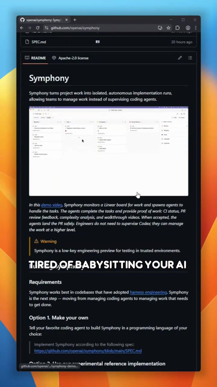 Tired of babysitting your AI coding agents OpenAI just dropped Symphony Instead of you acting as middleman Symphony monitors your Linear board and automatically spawns an isolated workspace when a new ticket is ready assigning an AI agent to build it autonomously The agent doesnt just throw code at you either it submits passing CI handles PR review feedback and generates a walkthrough video before landing the PR github opensource