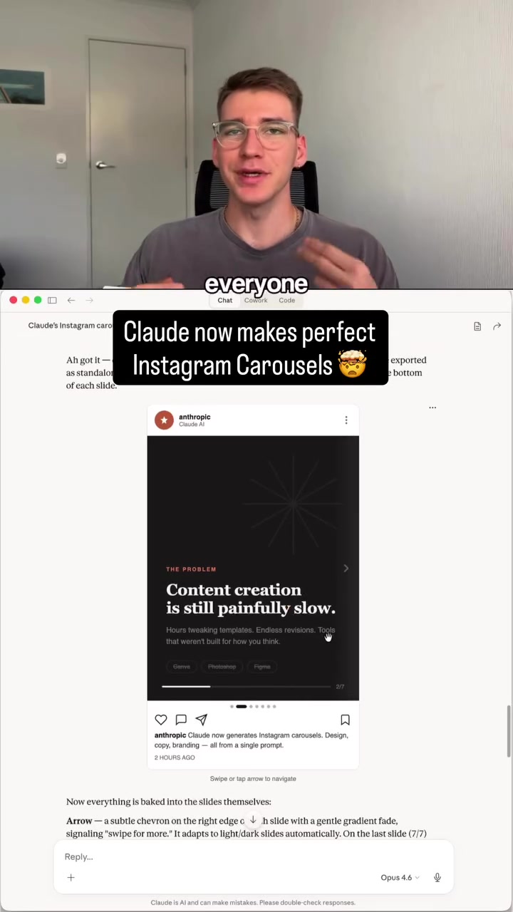 Comment “Claude” and I’ll DM you the project instructions to generate perfect Instagram Carousels ⬇️

Claude can now build interactive visuals directly inside the chat, and if you use the right prompt, it’ll design complete branded Instagram carousels for you. no Canva required.

7 slides, progress bars, dark/light layouts, your brand colors, integrated images, animations and anything you can think of — all in under a minute.

#claude #aitools #contentcreation #socialmediatips #instagrammarketing