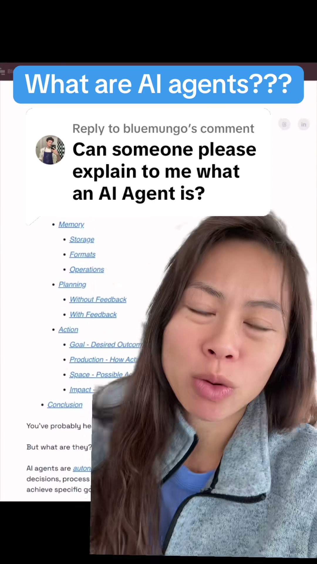 Replying to @bluemungo what are AI agents and whats the big deal? They’re currently all the hype in tech - an autonomous AI that has access to tools, memory, and can dynamically plan what it should do next to achieve a specific goal.  - what us an AI agent? - how is an AI agent different from non-agent AI? - introduction to AI agents for non technical beginners? #ai #aiagent #learning #gpt #aitools #sabrinaramonov #greenscreenvideo 