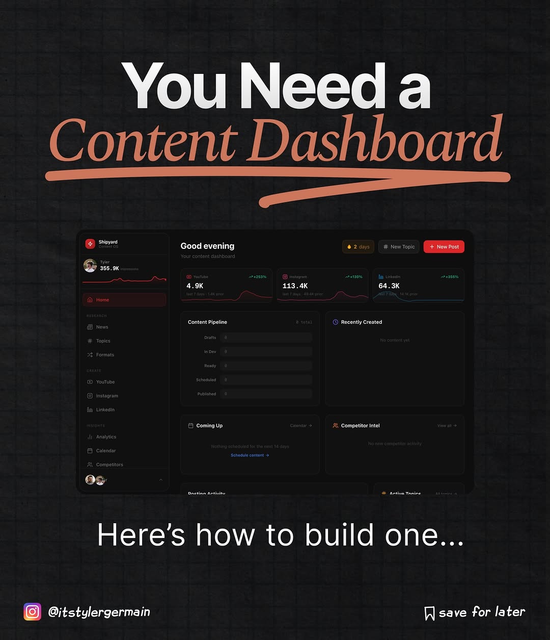 i built a full content OS in a week using nothing but Claude Code and plain english prompts.

analytics. calendar. competitor tracking. news feed. instagram manager. all of it.

comment “CLAUDE” and i’ll send you every prompt i used 👇