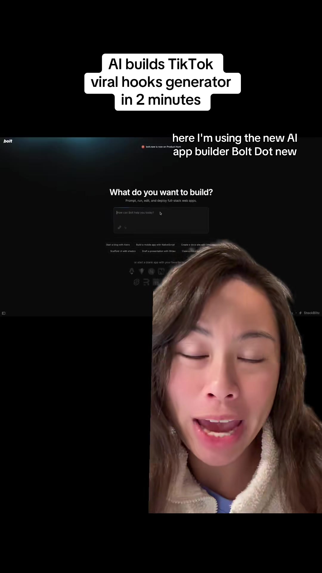 How to use AI app, Bolt.new, to build and deploy a tiktok viral hooks generator app in 2 minutes. Start to finish. I’m planning to build lots of little free tools like this for my AI community and hopefully it will help drive SEO to my newsletter too! #ai #aitools #techtok #boltnew #sabrinaramonov #coding #software #gpt 