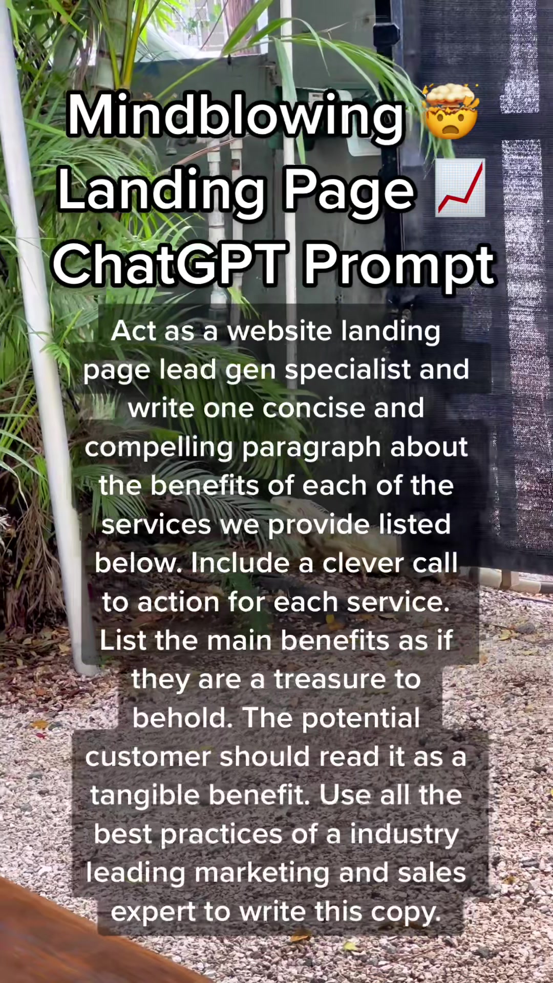 🌟Unlock the secret to AI generated landing page copy!🚀 This amazing chat gpt prompt is engineered for crafting compelling copy that converts!💥 Boost your leads & sales like never before!🎯 📝 #LandingPage 🚀 #ConversionRate 🌟 #LeadGeneration #chatgptmarketing  ⠀⠀⠀⠀⠀⠀⠀⠀⠀ 💡 #promptengineering  🎯 #ChatGPT #chatgpthack #chatgpttutorial #CopywritingSecrets  Learn the art of crafting high-converting landing page copy with an incredible prompt that delivers tangible benefits & clever CTAs! Boost your leads & sales like a true marketing & sales expert! 🌟📝