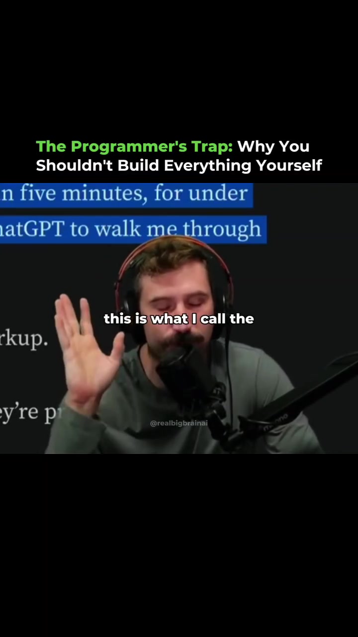 Every experienced programmer hits this phase - the moment you see a $60/month tool and think, "I can just build that myself."

But here's the trap: you'll spend weeks coding, debugging, maintaining... and end up wasting thousands of dollars' worth of your time - all to "save" $60.

The Primeagen calls it the programmer's problem forgetting to discount convenience.

Sometimes, it's smarter to buy time instead of rebuilding wheels.

Be honest - have you ever fallen into this trap before?

Follow @realbigbrainai to stay up to date with the latest Al news.