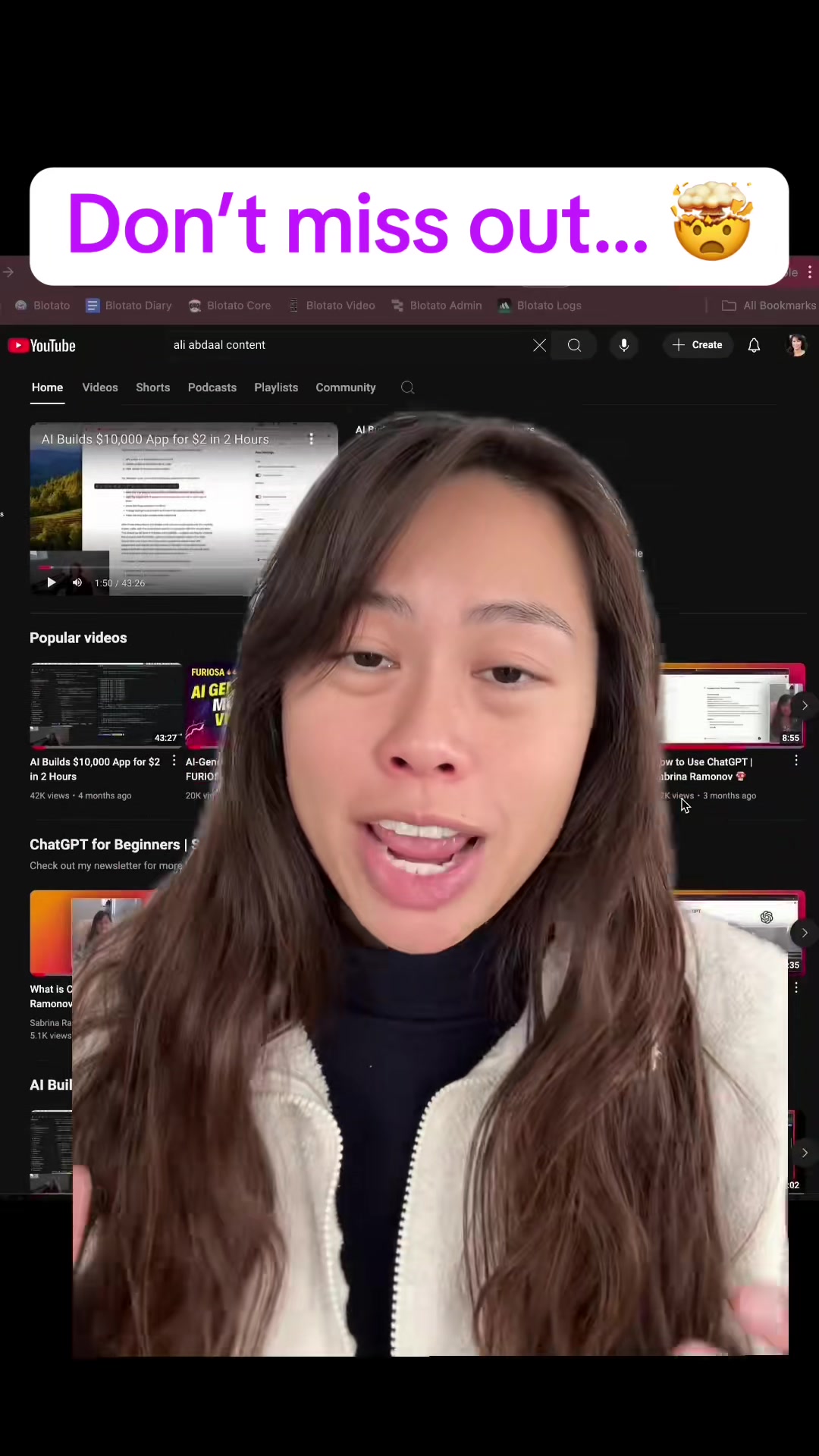 FREE AI, chatgpt, automations, coding tutorials and guides on my youtube channel (link in bio). - how do I learn AI, ChatGPT, and AI automations for free? - beginner introduction course to ChatGPT? - sabrina ramonov on youtube? #ai #chatgpt #learning #youtubechannel #sabrinaramonov #aitools #greenscreenvideo 