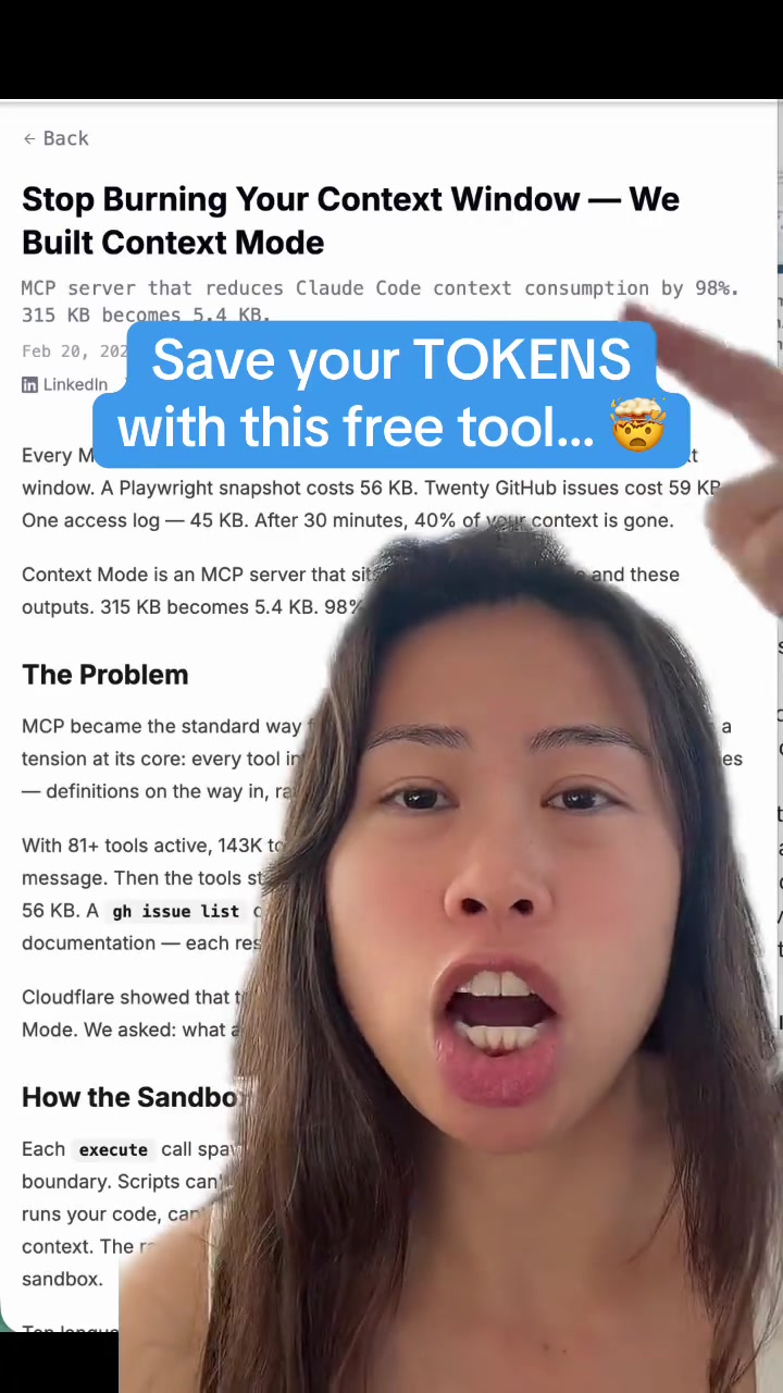 Claude Code context window tip reduce token usage by up to 98 MCP tools are great for giving your AI agents abilities But every tool interaction fills your context window from both sides tool definitions going in raw output coming out Context Mode MCP fixes this Its been validated across 11 realworld scenarios including test triage and error diagnosis If youre using Claude Code or any MCPbased agent your context window is your most expensive resource Stop wasting it How to reduce Claude Code token consumption What is Context Mode MCP server How to save context window with MCP tools ai aitools coding programming chatgptprompts