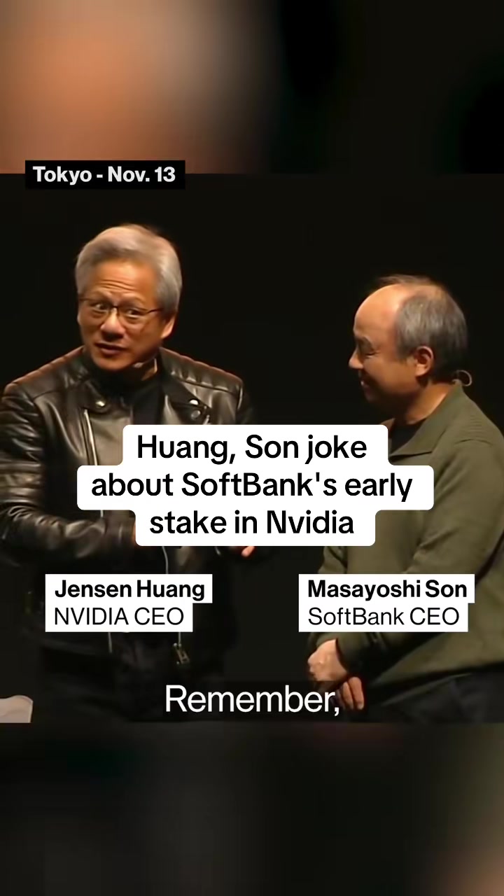 Billionaires Jensen Huang and Masayoshi Son joke about how #SoftBank was once #Nvidia's largest shareholder — before dumping its stake. The two are now joining forces on an #AI supercomputer. #techtok #technology #news 