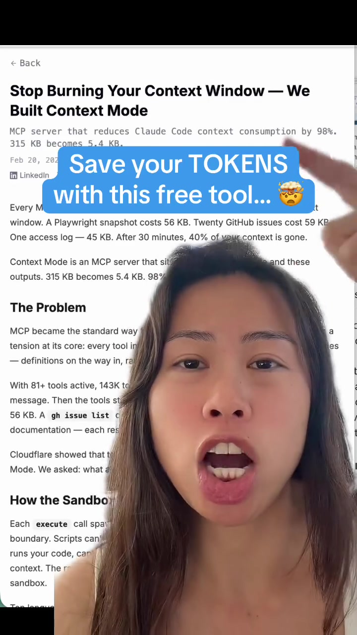 Claude Code context window tip: reduce token usage by up to 98%.

MCP tools are great for giving your AI agents abilities. But every tool interaction fills your context window from both sides... tool definitions going in, raw output coming out.

Context Mode MCP fixes this. It's been validated across 11 real-world scenarios, including test triage and error diagnosis.

If you're using Claude Code or any MCP-based agent, your context window is your most expensive resource. Stop wasting it.

How to reduce Claude Code token consumption?
What is Context Mode MCP server?
How to save context window with MCP tools?

#ai #aitools #coding #programming #chatgptprompts