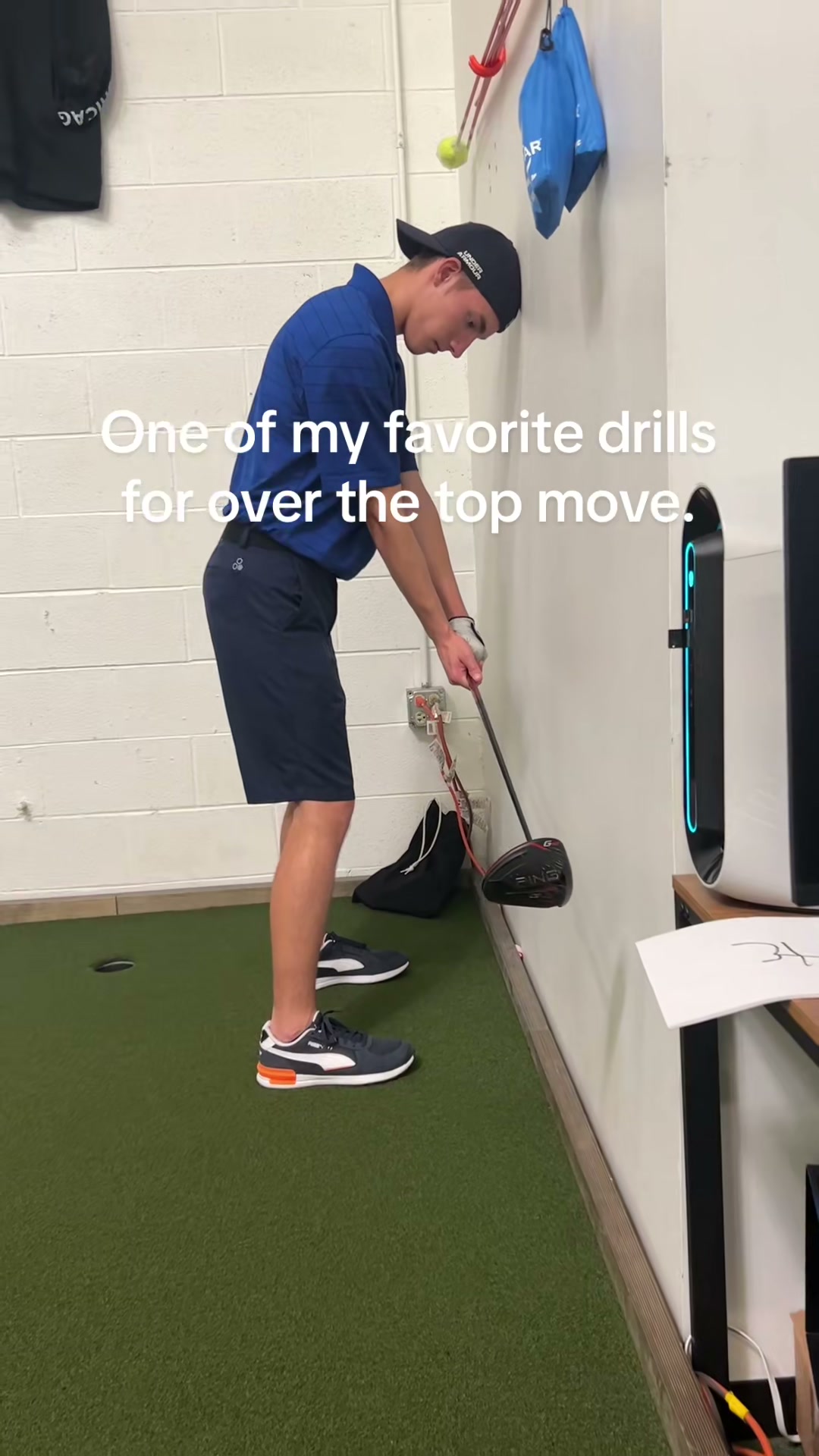 Fix your over the top move by olacing your head on the wall and dont allow your club to hit the wall. #lessons #pga #golftok 