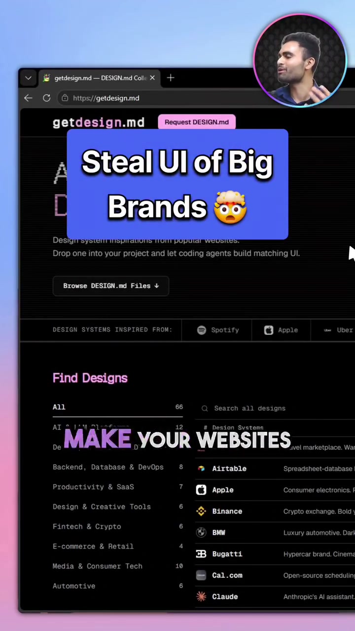 This is huge 🤯

Now you can find the design systems of top brands using a single DESIGN-md file.

If you don’t know, DESIGN-md is a simple Markdown file used in Google Stitch and AI coding tools to define how your UI should look, like colors, typography, and spacing.

Then you can use this file inside tools like Claude, Cursor, or other AI coding agents to generate UI that follows the same design style.

→ pick a design style
→ copy or install it
→ use it with your AI
→ get consistent UI every time

Instead of random UI, your AI now follows a proper design system :)

Check it here 🔗: getdesign.md

Hope this helps ✅️

Drop a Like if you found this post helpful! ❤️

Follow @rammcodes_ for more 💎 

#html #ai #javascript #coding #webdevelopment