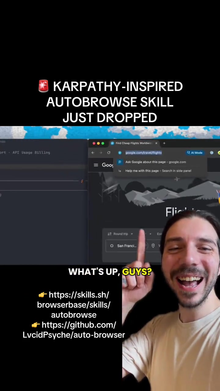 KARPATHYINSPIRED AUTOBROWSE SKILL JUST DROPPED Your agent can now handle ANY web task and selfimprove in real time Ships with o Explores pages using Browserbase CLI o Learns from every failed attempt o Iterates until it converges on a reliable workflow o Optimizes token usage automatically o Graduates winning approach into reusable skill Gets smarter every single run Fully open source httpsskillsshbrowserbaseskillsautobrowse httpsgithubcomLvcidPsycheautobrowser Whos giving their agent autobrowse today Drop a