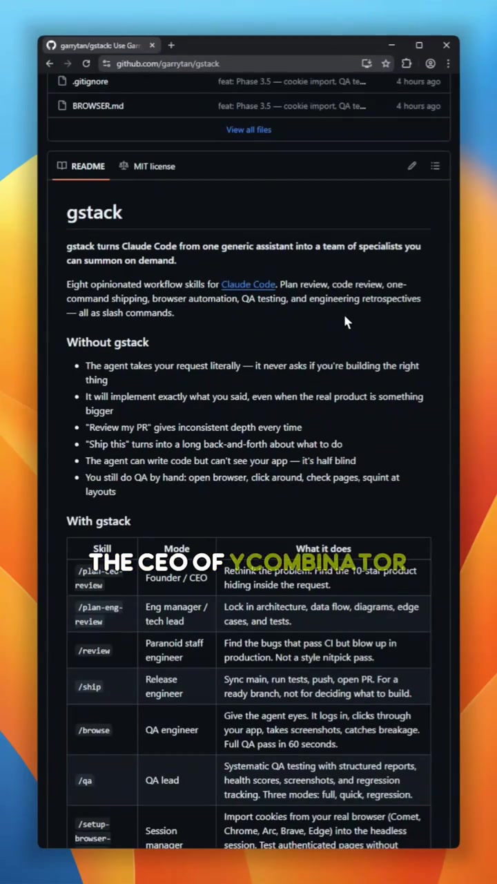 The CEO of Y Combinator Garry Tan just opensourced his exact personal AI setup and its called gstack It literally turns Claude Code into a full virtual tech company You get distinct AI personas like a CEO Engineering Manager and QA tester The best part A conductor agent forces the AI to think strategically before writing a single line of code Ship software like the head of YC github opensource