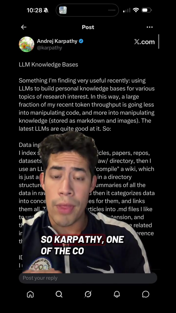 Karpathy cofounder of OpenAI spends more tokens on knowledge than code now His setup is 3 folders Raw for dumping everything Wiki where the LLM organizes and links concepts automatically Outputs where answers get filed back in At 100 articles it answers complex questions across all your documents No RAG No vector database Just markdown Knowledge that compounds karpathy openai llm ai obsidian