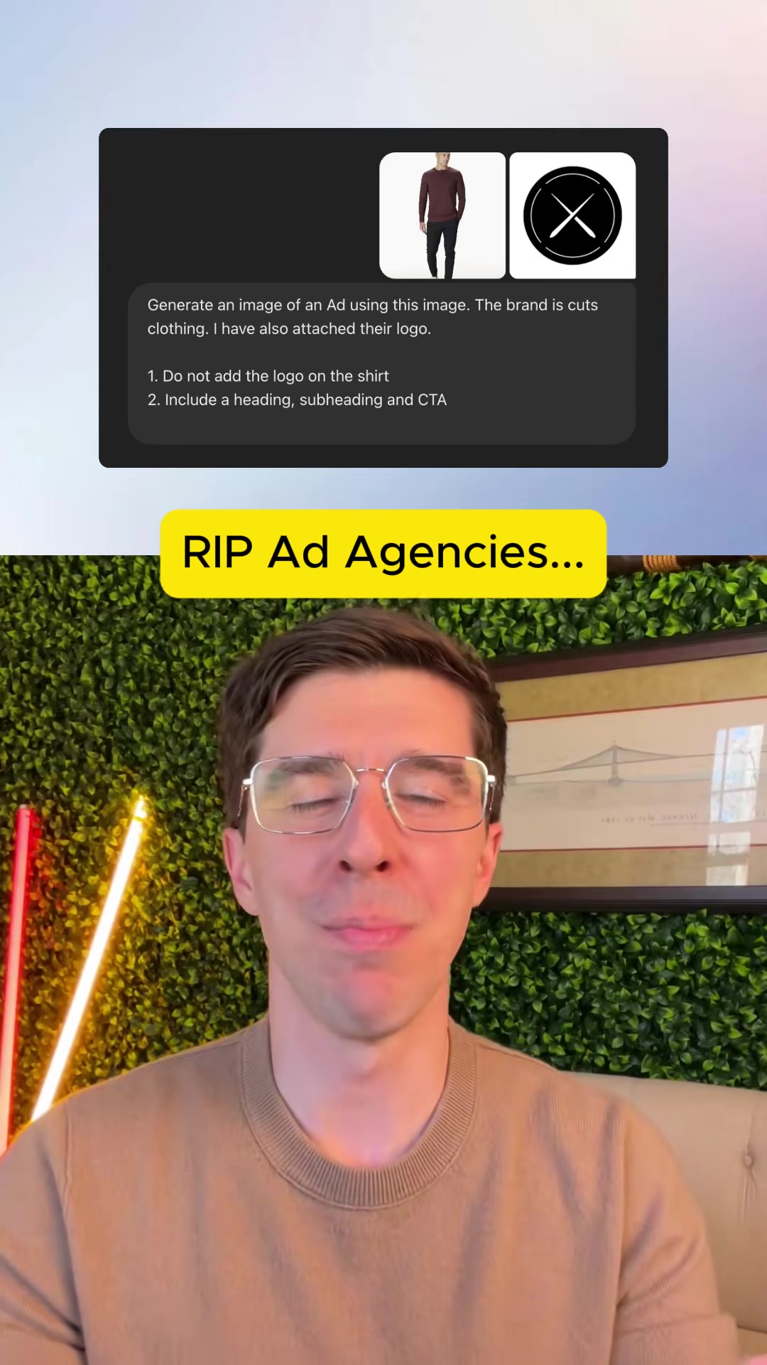 Did #ChatGPT break the #advertising industry? #ai #facebookads  With its newest update, you can now create stunning, high-converting AI ads in seconds. No designers, no Photoshop—just smart prompts and instant results.  I created the ad in this post in less than 15 seconds using ChatGPT ads. Here’s how: I found a Facebook ad I liked using the Meta Ads Library. I uploaded that reference ad along with my product image into ChatGPT. Then I gave it this prompt:        "Make me a Facebook ad like this one. Use the testimonial: 'This is the best candle I’ve ever bought…' —Jane Doe. Add the Yankee Candle logo. Someone’s hand should be holding the candle. Clean, modern, minimal. Don’t change the product." Instantly, ChatGPT delivered a clean, professional ad. But I wasn’t done. I asked it to make the logo smaller and add more white space. It understood and adjusted the design in seconds—no back-and-forth with a designer.        Once I had a solid version, I told ChatGPT to create multiple variations with different headlines, backgrounds, and styles. And just like that, I had an entire set of AI-generated ads ready to test.