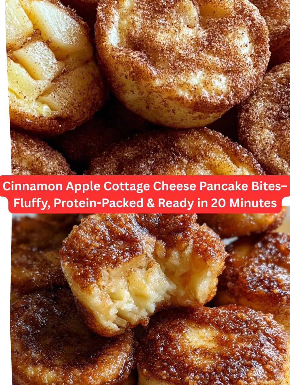 Cinnamon Apple Cottage Cheese Pancake Bites 🍎🥞 – Fluffy, Protein-Packed & Ready in 20 Minutes

Ingredients (Makes ~12 Bites):
½ cup cottage cheese (120 g)
1 egg
1 small apple, peeled & finely chopped (about 100 g)
¼ cup oat flour (30 g) (or almond flour for low-carb)
½ tsp baking powder (2 g)
½ tsp ground cinnamon (1–2 g)
1–2 tsp maple syrup or honey (optional, 7–14 g)
Pinch of salt

Directions:

Step 1 — Prep
Preheat your air fryer to 320°F (160°C) or oven to 350°F (175°C).
Lightly grease a mini muffin tin (oven) or silicone molds (air fryer).

Step 2 — Mix Wet Ingredients
In a bowl, blend cottage cheese, egg, and maple syrup or honey (if using) until smooth.

Step 3 — Add Dry Ingredients
Stir in oat flour, baking powder, cinnamon, and salt. Fold in the finely chopped apple until evenly distributed.

Step 4 — Fill & Cook
Spoon batter into the molds, filling each about ¾ full.

Air Fryer: Cook 8–10 minutes until lightly golden and set.

Oven: Bake 12–15 minutes until a toothpick inserted comes out clean.

Step 5 — Cool & Serve
Let the bites cool for 2–3 minutes. Serve warm or store for a quick grab-and-go snack.

Tips for Success:
• Dice the apple very finely for even cooking.
• Sprinkle extra cinnamon on top before cooking for enhanced flavor.
• Store in the fridge for up to 3 days, or freeze for 1 month.

Prep Time: 10 min
Cook Time: 10–15 min
Total Time: 20–25 min