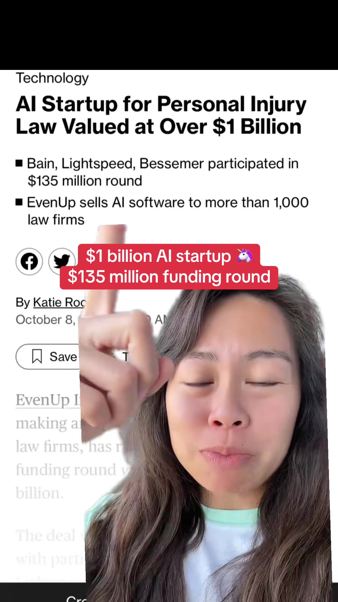 Legal + AI startup unicorn, SaaS app for personal injury law firms! Awesome vertical application of generative AI, such as ChatGPT. Over 1000+ customers so far. EvenUp is now valued over $1 billion after raising $135 million last week from Bain, Lightspeed, and Bessemer Ventures. Imagine all the other legal verticals that would benefit from a similar solution. Massive underserved market. #ai #startup #chatgpt #artificialintelligence #vc #venturecapital #techstartup #legal #law #sabrinaramonov #greenscreen 