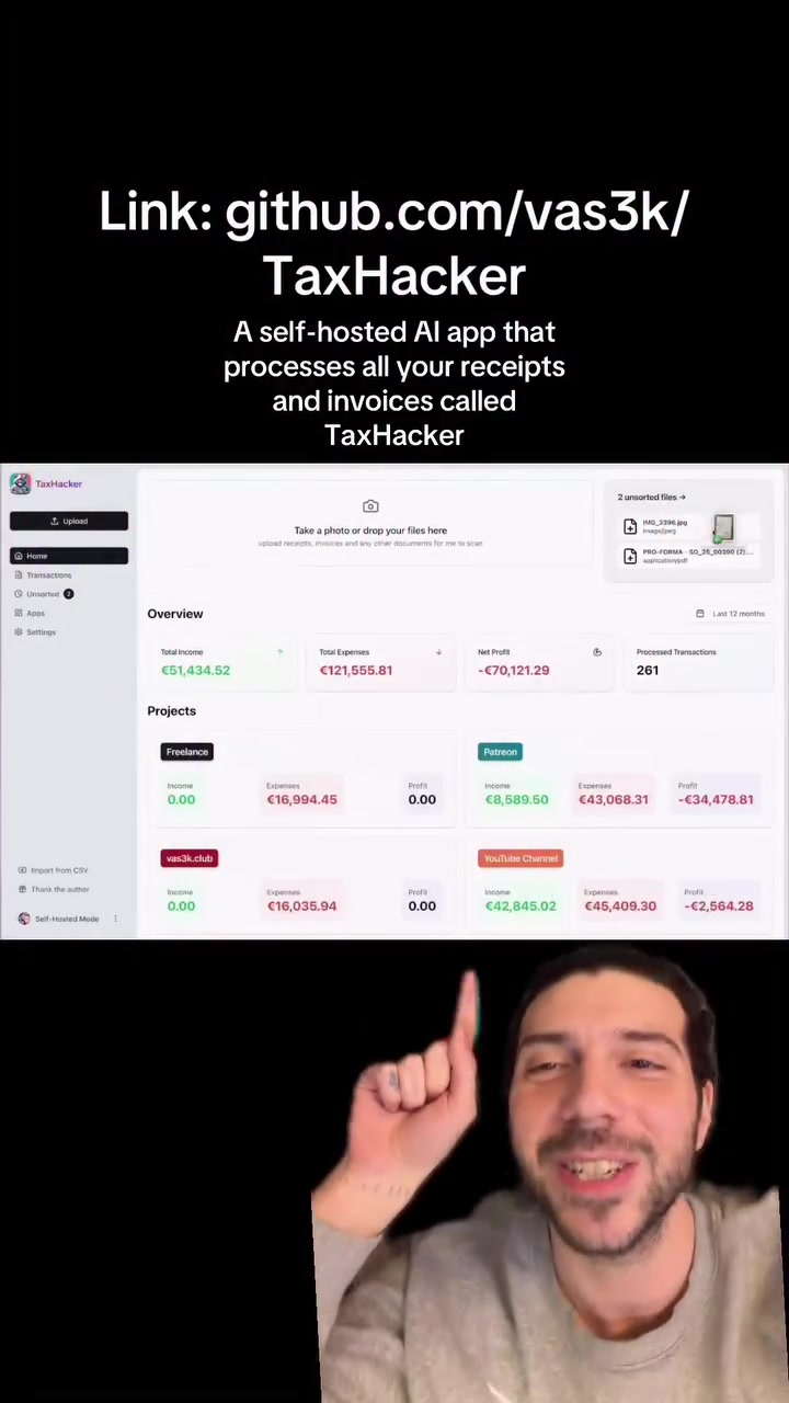 🚨 BREAKING: Someone just built a self-hosted AI app that processes all your receipts and invoices automatically.

You upload a photo. It extracts the product, taxes, dates, and auto-converts the currency, and keeps your financial data 100% private.

100% Open Source.

Link: github.com/vas3k/TaxHacker