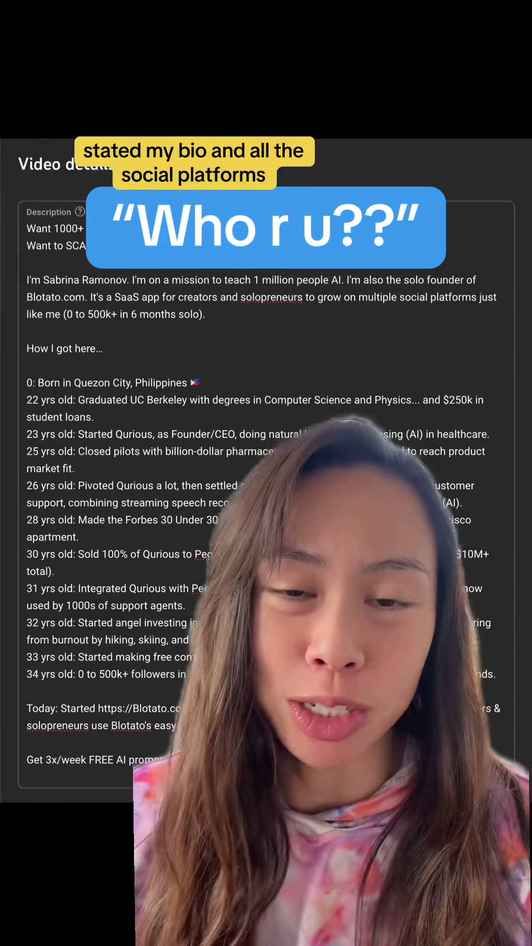 Updated my bio on all social platforms a la hormozi style! - who is sabrina ramonov? - why should i listen to sabrina ramonov ai influencer? - are there any AI influencers on social media who have actually built an AI company? #ai #chatgpt #sabrinaramonov #bio 