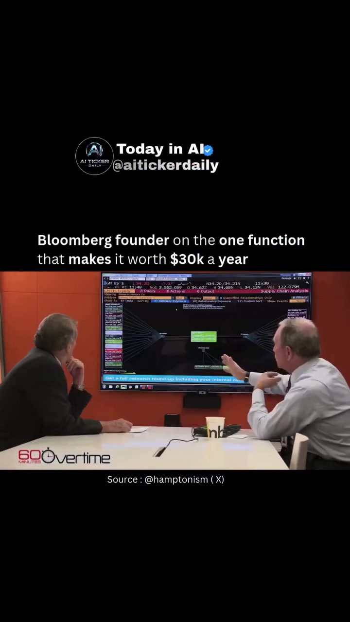 Founder of the Bloomberg Terminal explaining the function that makes it worth $30,000 a year. The terminal powers Wall Street, one feature does most of the heavy lifting, and he walks through exactly what it is and why it matters.

Comment "JOIN" and click on link in BIO to join the 1% building the future! 

#Bloomberg #Finance #WallStreet

📅 Created: 2026-03-11
🎥 Video: Hampton - Bloomberg Terminal founder

🔗 Source: https://x.com/hamptonism/status/2031258660161335407?s=20

👤 Credit: hamptonism