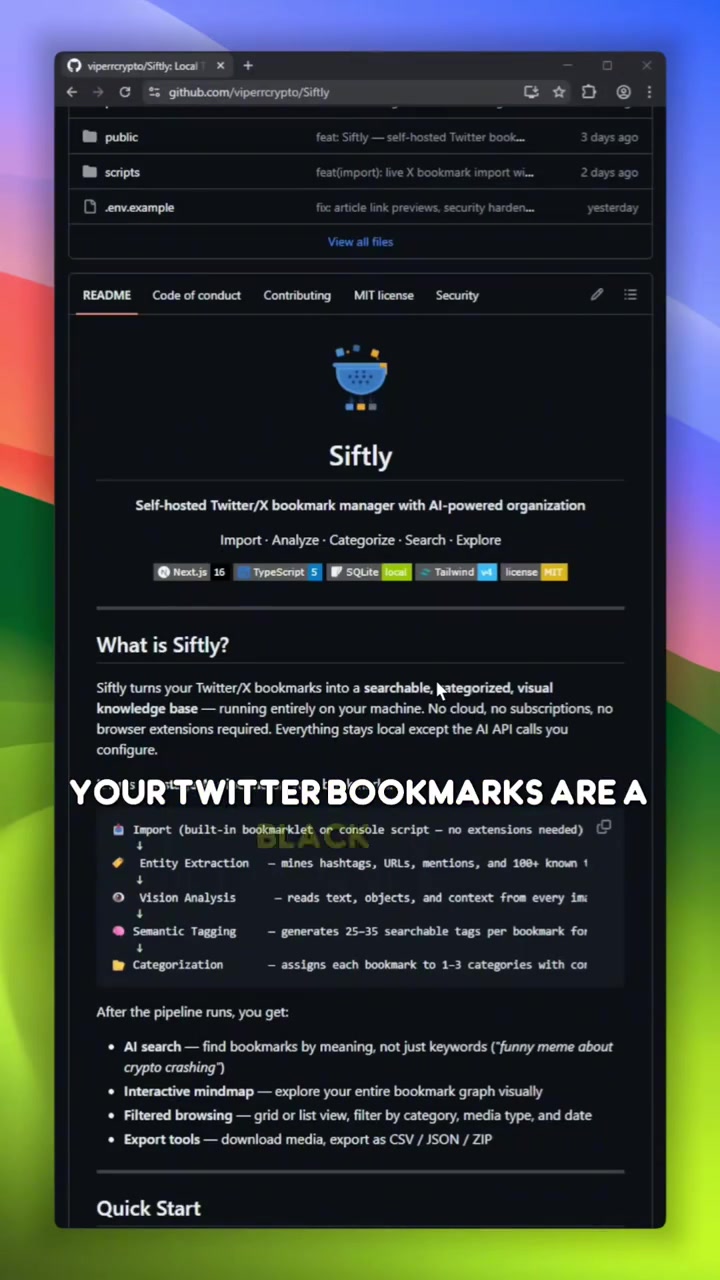 Your Twitter bookmarks are a black hole thousands of saved tweets you never look at again Siftly fixes that Its a localfirst bookmark organizer built in TypeScript that uses AI to automatically categorize and tag every saved tweet then generates gorgeous interactive mindmap visualizations so you can actually explore your saved knowledge visually Your data stays local your chaos gets structured github opensource