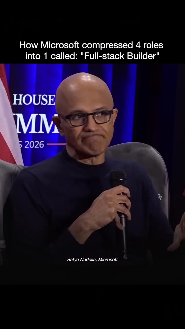 Satya Nadella frames AI not as a tool upgrade — but a structural rewrite of how work happens.

He compares today’s moment to the PC revolution:

Before PCs:
• Faxes
• Interoffice memos
• Manual aggregation

After PCs:
• Excel
• Email
• Standardized workflows

Now, AI is triggering the next shift.

At LinkedIn, Nadella describes collapsing multiple roles — product manager, designer, frontend and backend engineer — into a single full-stack builder.

Why it matters:
• Fewer handoffs
• Faster iteration
• Higher idea throughput
• One person, end-to-end ownership

This isn’t about replacing people.
It’s about changing the work artifact and the workflow at the same time.

That’s where productivity actually compounds.

Follow to learn the latest insights on VC, finance, tech, and markets.

Credits: Satya Nadella, All-In Podcast (Davos)
Edited for educational purposes. No ownership claimed.
For informational purposes only — not financial or investment advice.