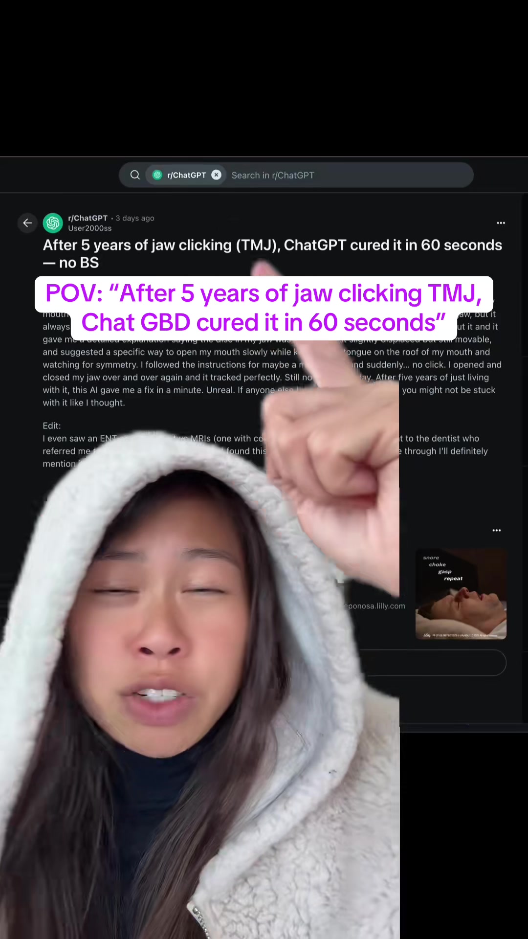 ChatGPT to the rescue! Interesting viral Reddit thread about OP using ChatGPT to manage his TMJ, and dentists chiming in as well.  Have you used ChatGPT for health issues? How’d it go? #ai #chatgpt #tmj #tmjdisorder #healthcare #dentist #artificialintelligence #tiktoklearningcampaign #sabrinaramonov 