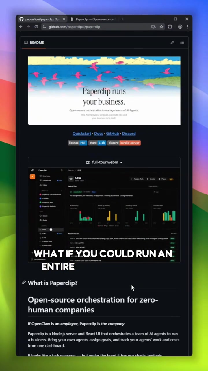 What if you could run an entire company with AI agents instead of employees Paperclip is an opensource orchestration platform for building zerohuman companies Through a gorgeous UI you set up org charts budgets governance and highlevel goals for your AI workforce Its completely unopinionated about which agents you use Claude Code Codex if it can receive a heartbeat signal Paperclip considers it hired github opensource
