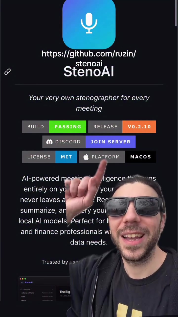 Just hit record → get structured notes in seconds. Speaker labels, auto titles, 99 languages… it’s actually wild.

🔥 Open-source • Runs on tiny local models • Privacy-first
👉 Full repo + free download: https://github.com/ruzin/stenoai
Who else is done with cloud AI spying on their calls? Drop a 🔥 if you want this yesterday.

#PrivacyFirst #MeetingNotes #HealthcareTech #LegalTech #OpenSourceAI