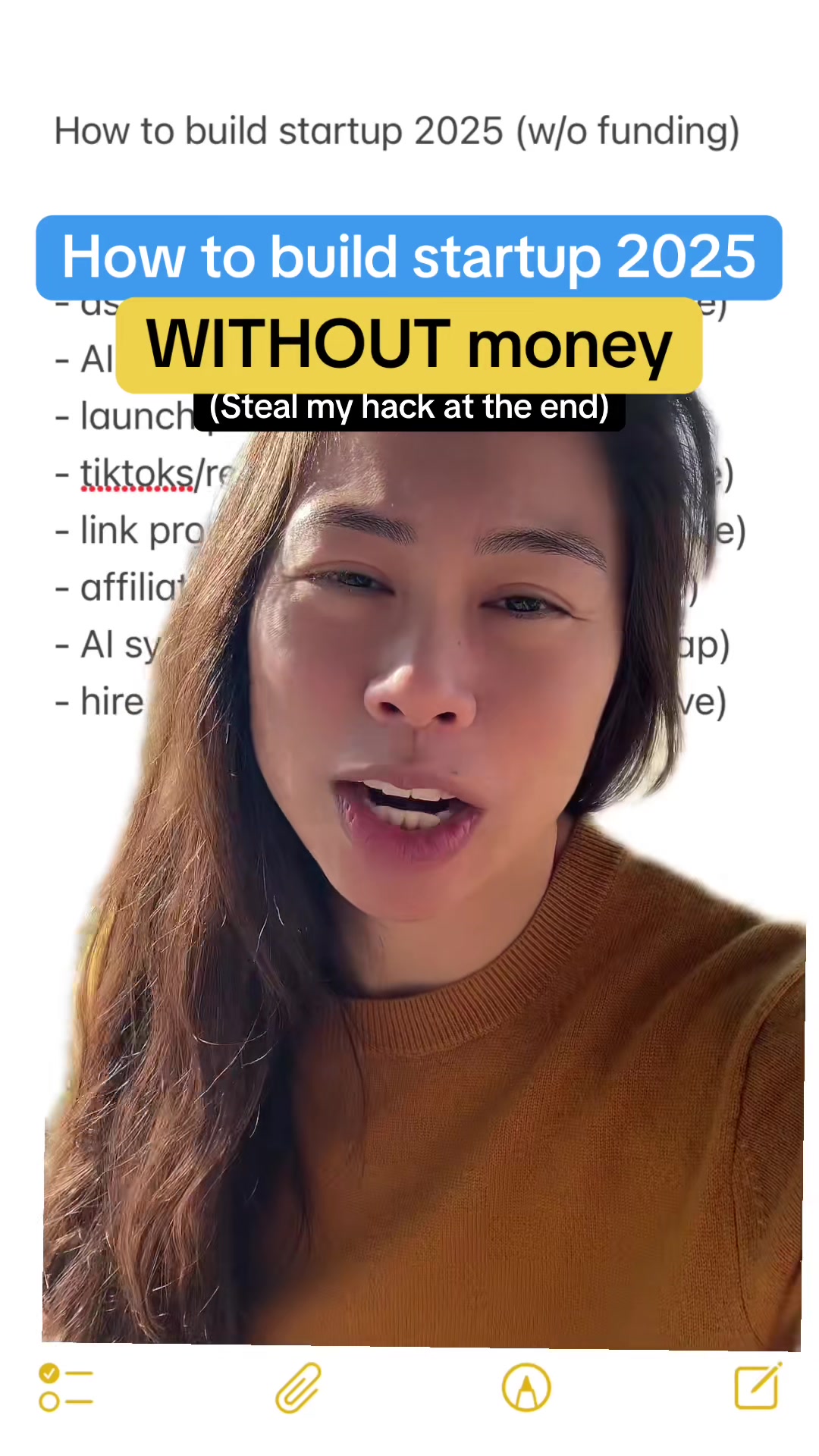 How to build a startup in 2025 without raising any capital, staytuned for the end when I talk about a secret hack that shortcuts the hardest part of the whole process. With my first startup, I did not have a brand or content, so it was really painful doing everything cold and outbound. Having an engaged warm audience makes everything so much easier, especially the most important part, the beginning when you need to iterate closely with a group of users until you nail product market fit. By the way, I don’t believe I’m at product market fit yet with blue potato, but I know I’m on my way there as I iterate on user feedback every single day. Some people asked me if I knew I would build potato when I started creating content. Absolutely not! I built blotato initially for myself, to scale myself as an AI educator. If I wanted to build something with direct alignment with my audience, I probably would’ve built some kind of AI learning tool or academy. #a#ais#startupe#entrepreneurw#womenownedbusinessb#bossladyw#womenpowers#sabrinaramonovs#solopreneuri#indiehackerb#buildinpublicb#blotato#greenscreen 