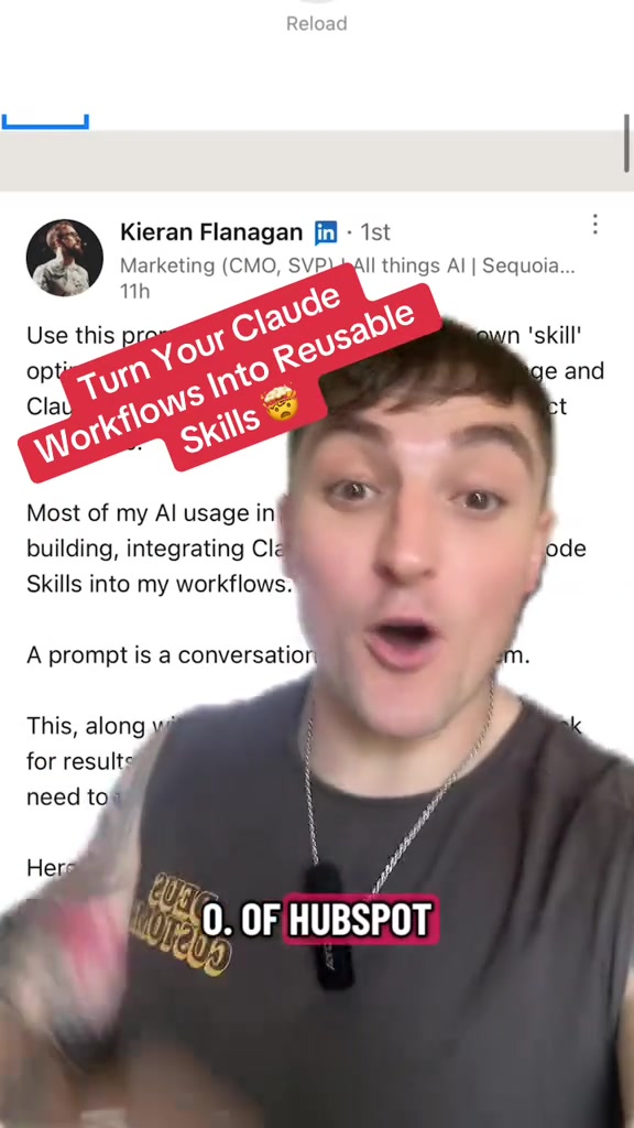 If youre using Claude regularly you should be building Claude Skills not just chatting This prompt turns your Claude usage into a Skill Optimization dashboard It scans your Claude memory Finds repeatable workflows Scores how systemized you are And autogenerates build prompts for new Claude Skills A prompt is a conversation A Claude Skill is a reusable system Most people are under 30 optimized Run it and see your Claude Skill Optimization score Comment SKILL and Ill send you the full Claude Skill Grader prompt Then post your score below claude claudeskills claudeai aitips prompts